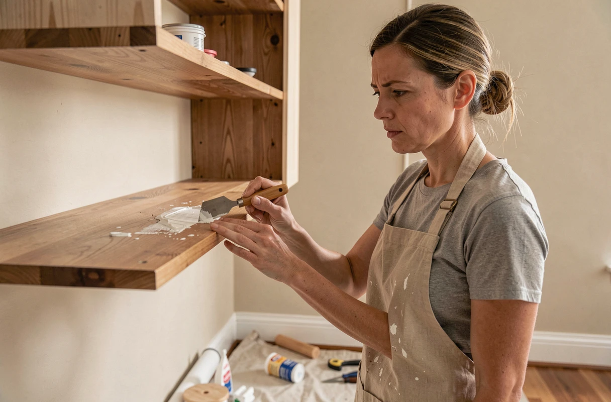 Femme appliquant du mastic sur une étagère murale en bois pour réparer une fissure dans un salon