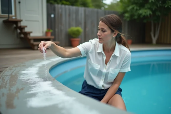 Femme répartissant du sel de piscine le long du bord d'une piscine hors-sol pour traitement au chlore