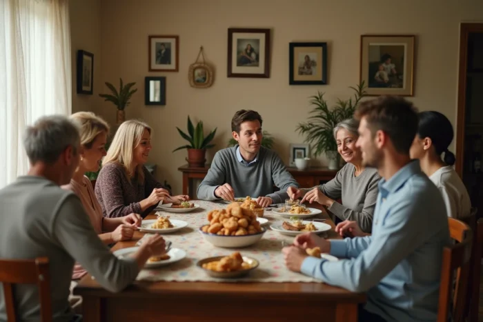 Repas en famille dans une maison française, ambiance authentique et intime évoquant la vie privée et les proches d'un artiste