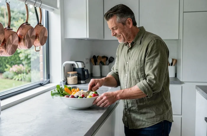 Homme préparant un repas sain et équilibré dans une cuisine moderne, illustrant l'adoption de bonnes habitudes alimentaires pour améliorer la santé durablement