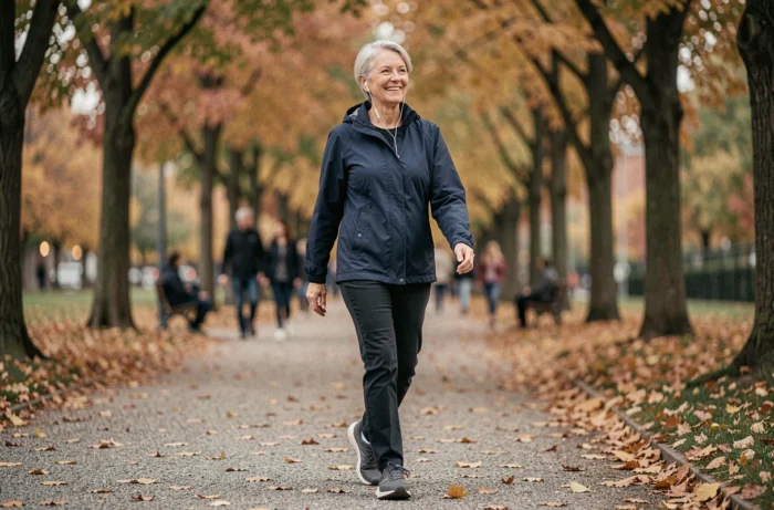 Femme d'une cinquantaine d'années marchant dans un parc urbain en automne avec des écouteurs, représentant l'activité physique régulière comme résolution santé durable