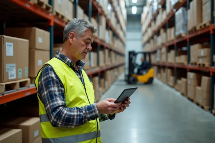 Responsable logistique utilisant un ERP sur tablette pour gérer les stocks dans un entrepôt de négoce