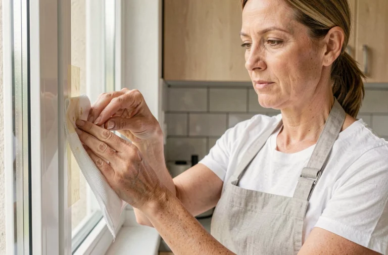 Femme retirant des traces de scotch sur un cadre de fenêtre en PVC blanc avec un chiffon microfibre dans une cuisine moderne