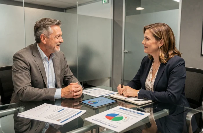 Réunion entre un conseiller financier et un client pour optimiser une stratégie d'investissement en bourse