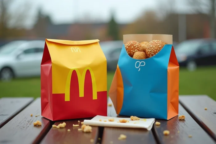 Deux sacs de fast-food emblématiques rouge et bleu posés côte à côte sur une table en bois, comparaison visuelle McDonald's et Burger King