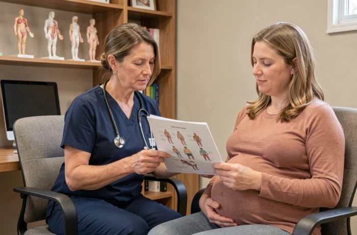 Sage-femme en consultation avec une femme enceinte, expliquant des informations médicales sur la poche des eaux dans un cabinet moderne
