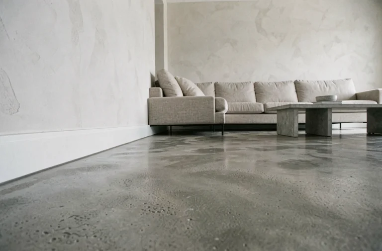 Salon minimaliste avec sol en béton ciré gris et plinthe blanche laquée, perspective au ras du sol