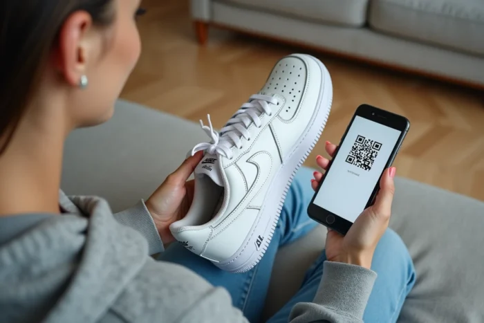 Femme scannant le QR code d'une Nike avec son smartphone pour authentifier la chaussure