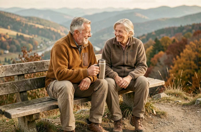 Deux seniors célibataires faisant une pause café avec vue panoramique lors d'une randonnée