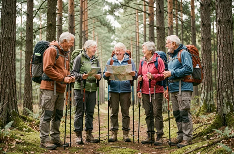 Groupe de seniors en randonnée club partageant une carte sur un sentier forestier