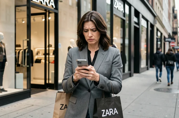 Femme consultant son téléphone devant un magasin Zara pour suivre sa réclamation et obtenir un remboursement