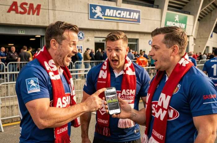 Supporters de l'ASM Clermont devant le stade Michelin consultant les rumeurs de transfert mercato 2024 sur smartphone