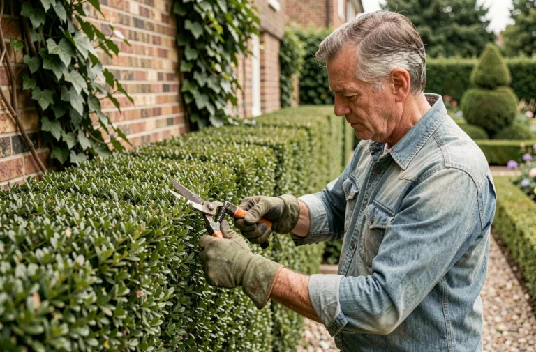 Jardinier expérimenté taillant une haie de buis avec un sécateur dans un jardin soigné