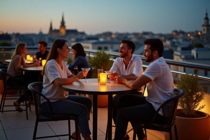 Terrasse rooftop d'une boîte de nuit à Rennes avec vue panoramique sur les toits de la ville