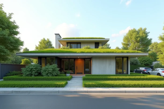 Maison moderne avec toit végétalisé en sedum offrant une isolation thermique naturelle contre la chaleur estivale