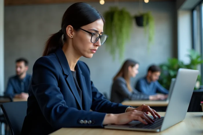 Femme consultant les conditions légales d'une plateforme de streaming sur ordinateur portable dans un espace de coworking