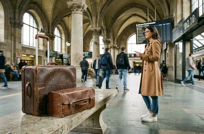 Valise vintage et journal de voyage dans une gare européenne avec voyageuse en arrière-plan
