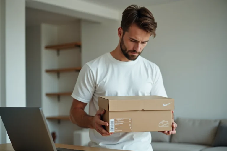 Homme vérifiant le numéro de série sur la boîte d'une Nike pour détecter une contrefaçon