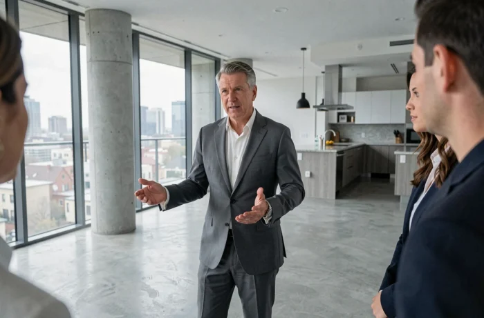 Agent immobilier faisant visiter un appartement contemporain vide à des acheteurs potentiels