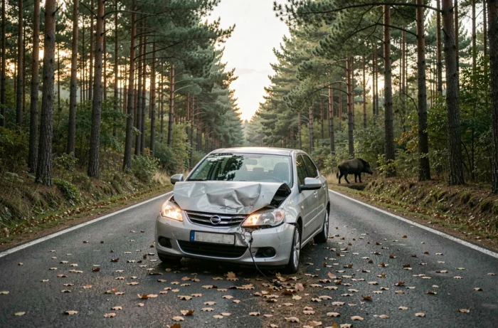 Voiture endommagée après une collision avec un sanglier sur une route forestière rurale en France